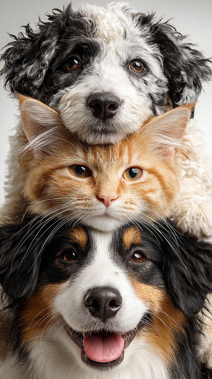 Dos perros y un gato juntos, mirando a cámara